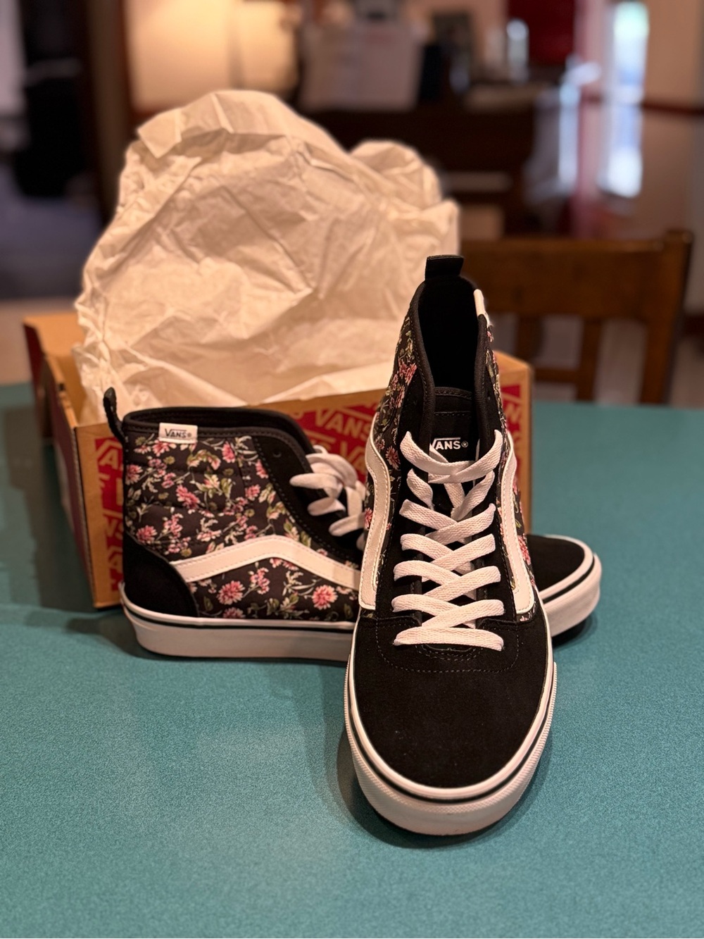 Vans Womens Black High-Top Sneakers with Pink Floral Pattern